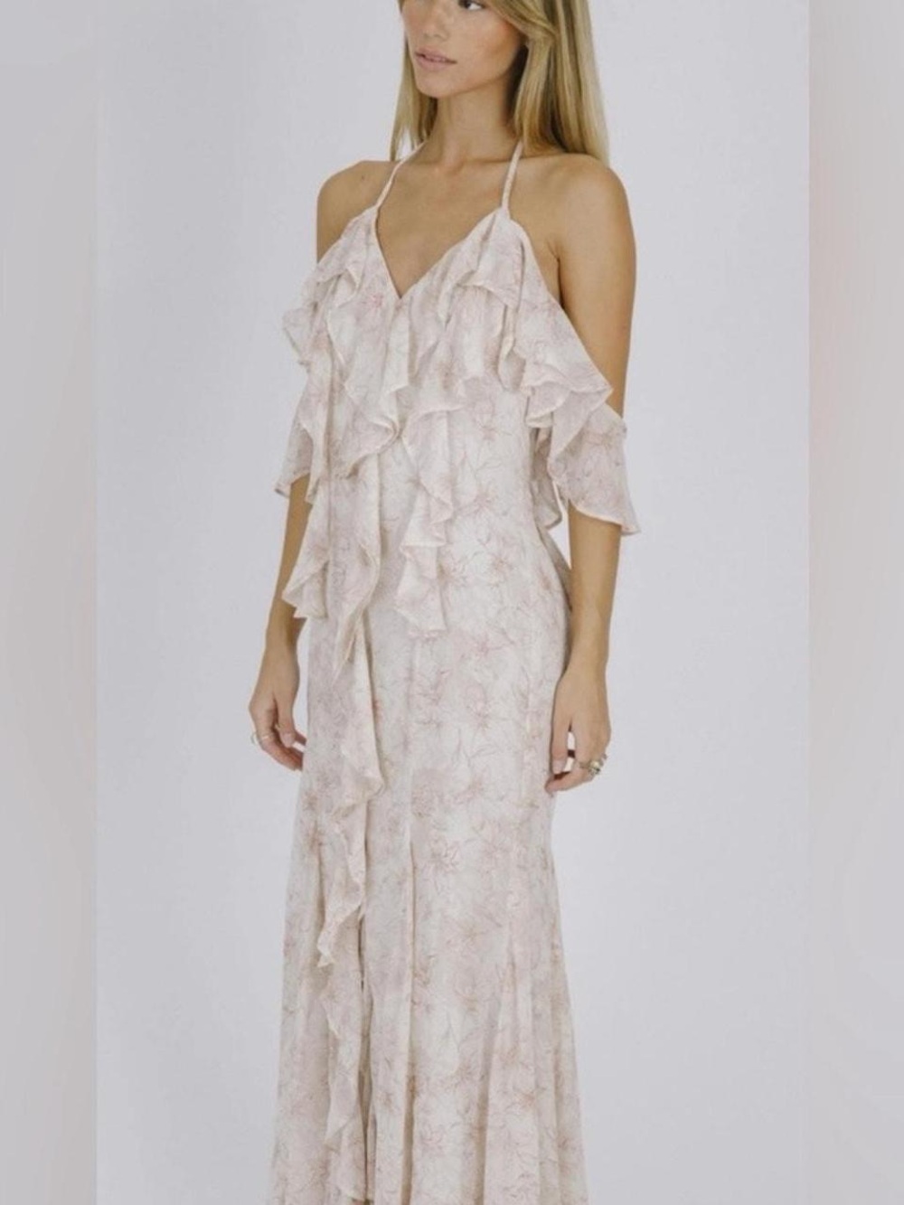 Storia Cascading Ruffles Off the shoulder Dress Sz XL Pink Cream Wedding Guest